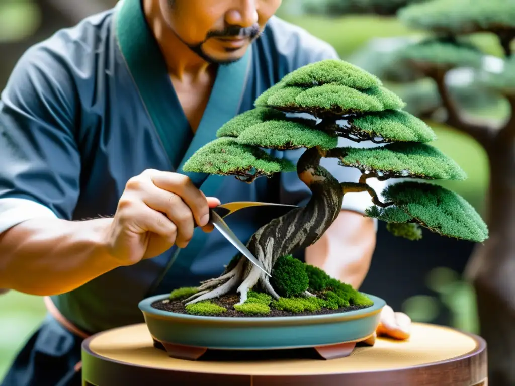 Un maestro del arte del Bonsái samurái podando con precisión las delicadas hojas de un árbol en un jardín japonés sereno