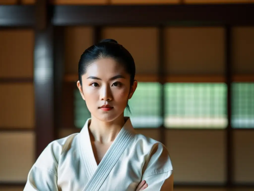 Un maestro de artes marciales en atuendo japonés tradicional demuestra una técnica poderosa de karate en un dojo sereno