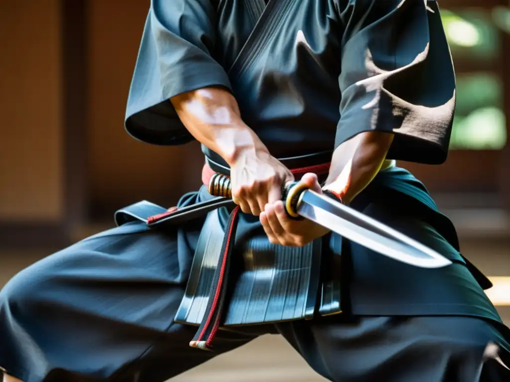 Un maestro de artes marciales expertamente maneja una espada samurái, reflejando disciplina y elegancia en un dojo japonés