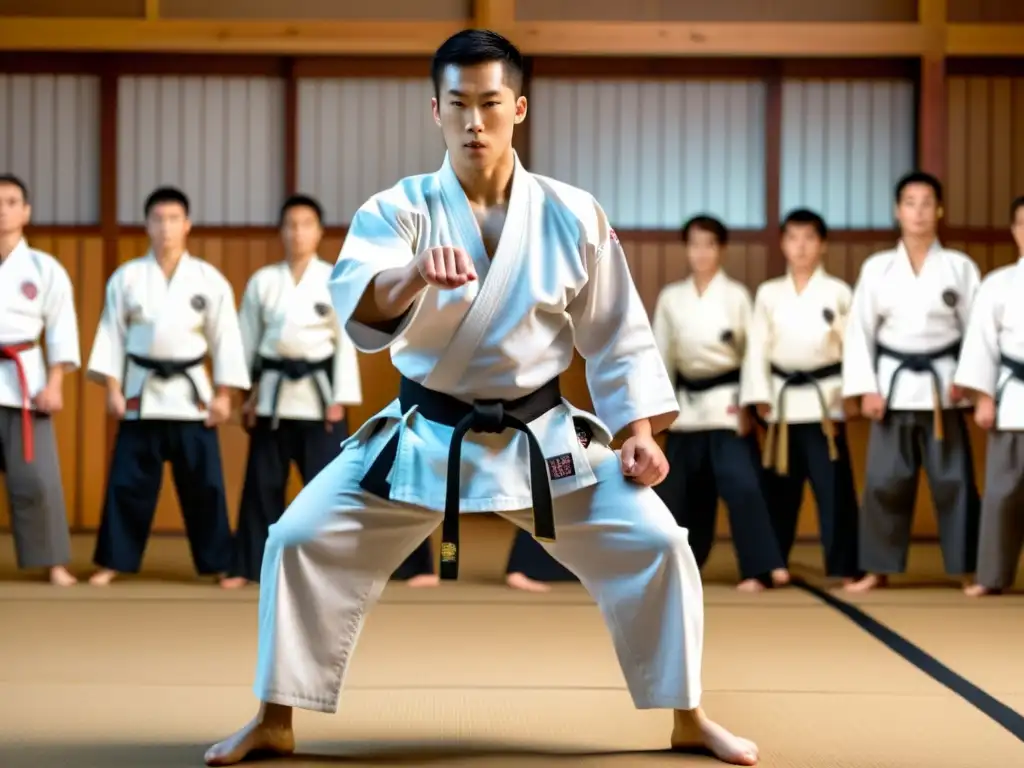 Un maestro de artes marciales históricas en un dojo, demostrando una precisa técnica con espada de madera frente a atentos estudiantes