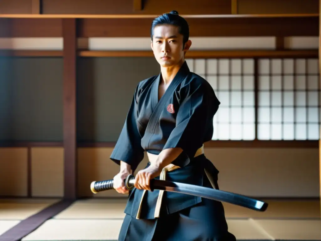 Un maestro de artes marciales japonés ejecuta un movimiento ceremonial con un Wakizashi en un dojo tradicional