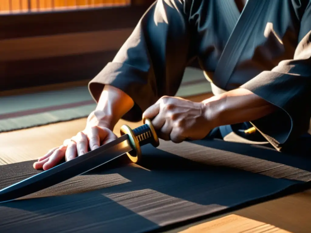 Maestro de artes marciales limpia ceremonialmente un wakizashi, resaltando la importancia del wakizashi en entrenamiento