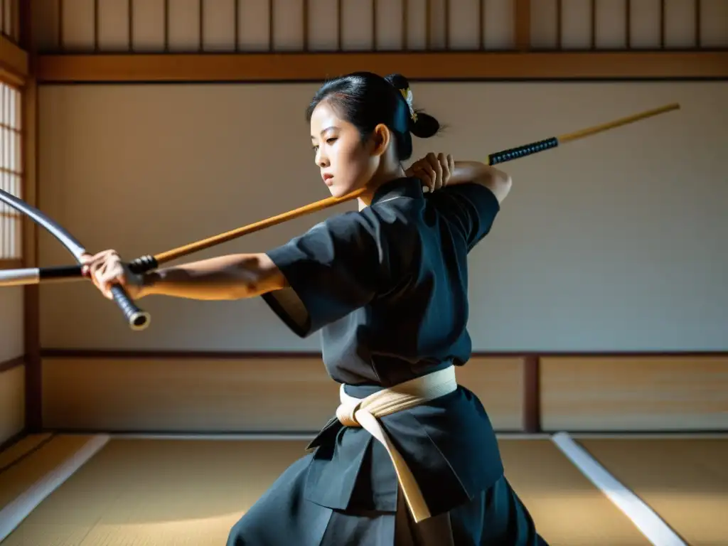 Un maestro de artes marciales modernas practica Kyudo en un dojo tradicional, mostrando la influencia del Kyudo en artes marciales contemporáneas