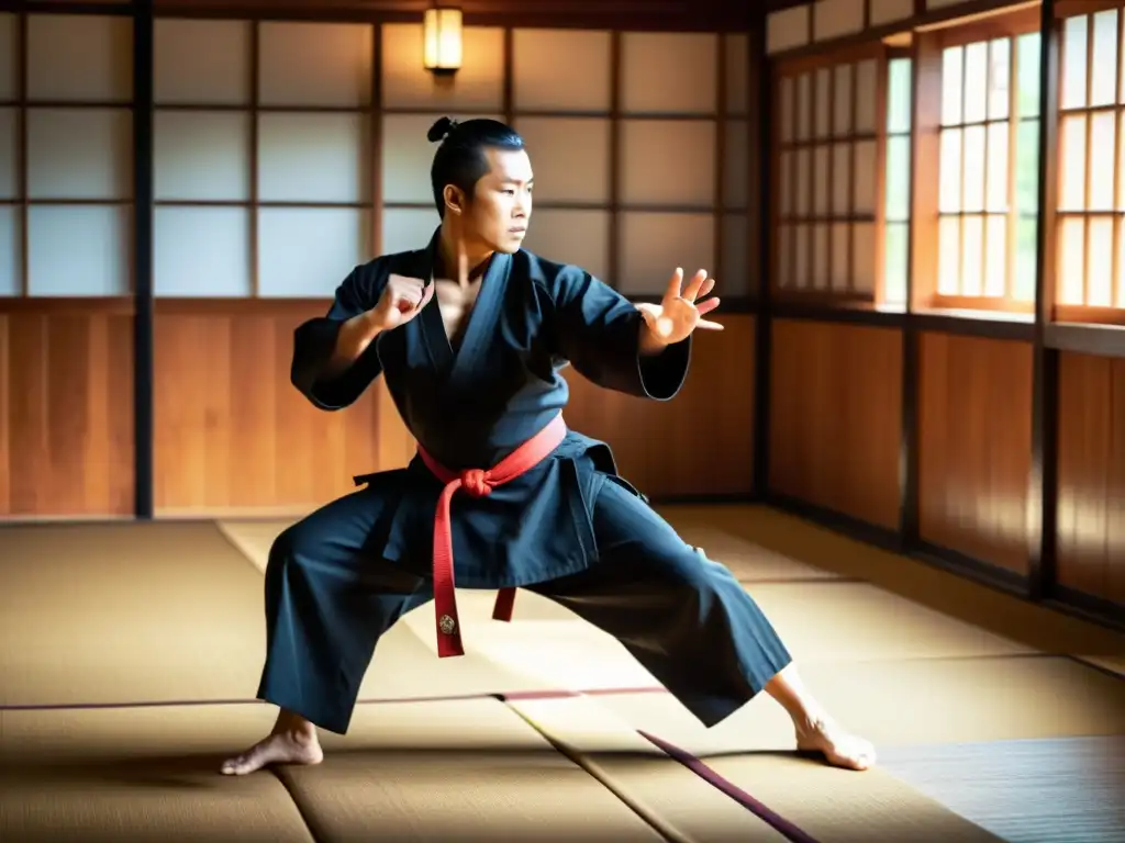 Un maestro de artes marciales muestra precisas técnicas con el Tanto en un dojo tradicional