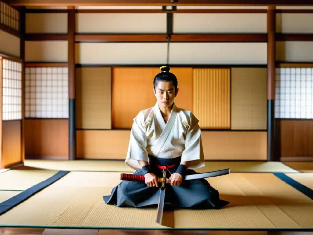 Maestro de artes marciales samurái enseña técnica de espada, con alumnos observando en un dojo tradicional japonés