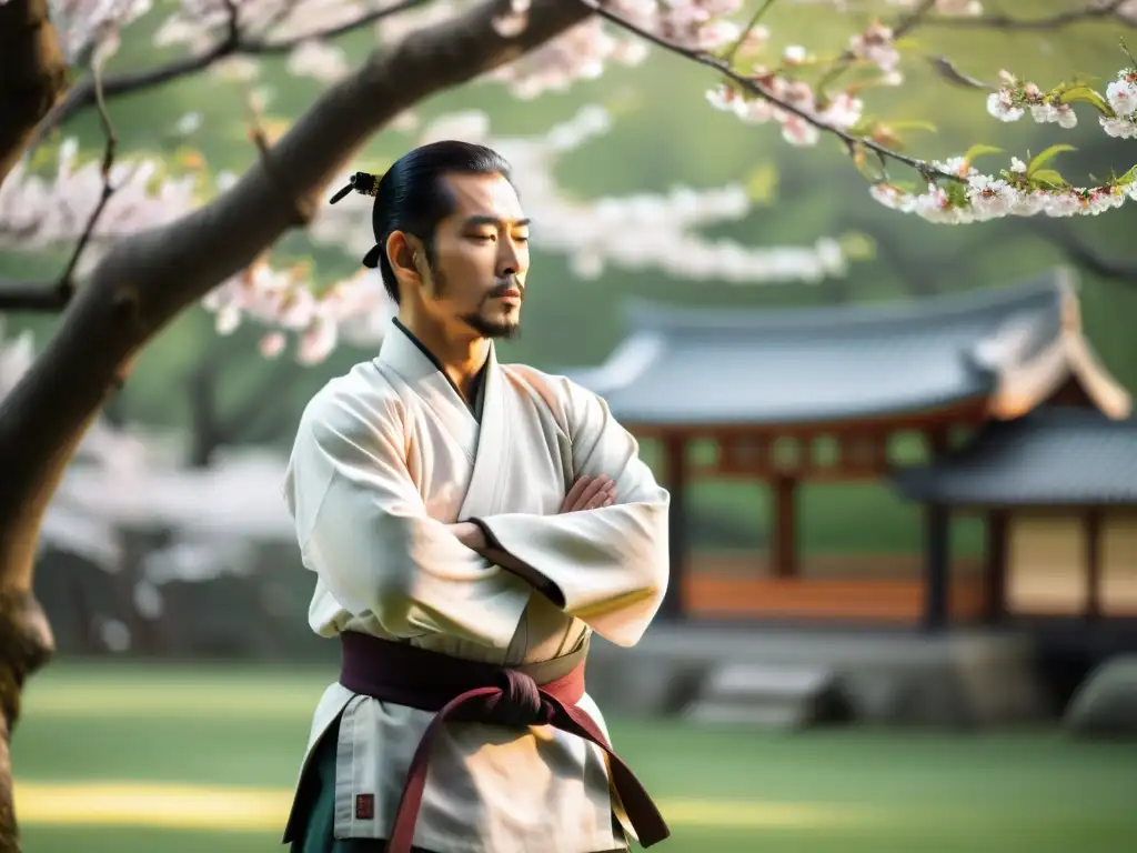 Un maestro de artes marciales en un jardín tranquilo bajo los cerezos en flor, alcanzando el estado 'No Mente' Mushin con calma y enfoque