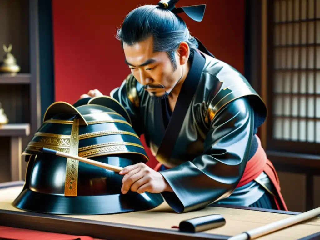 Un maestro artesano aplica con cuidado laca japonesa a una armadura samurái, mostrando la fusión de tradición e innovación