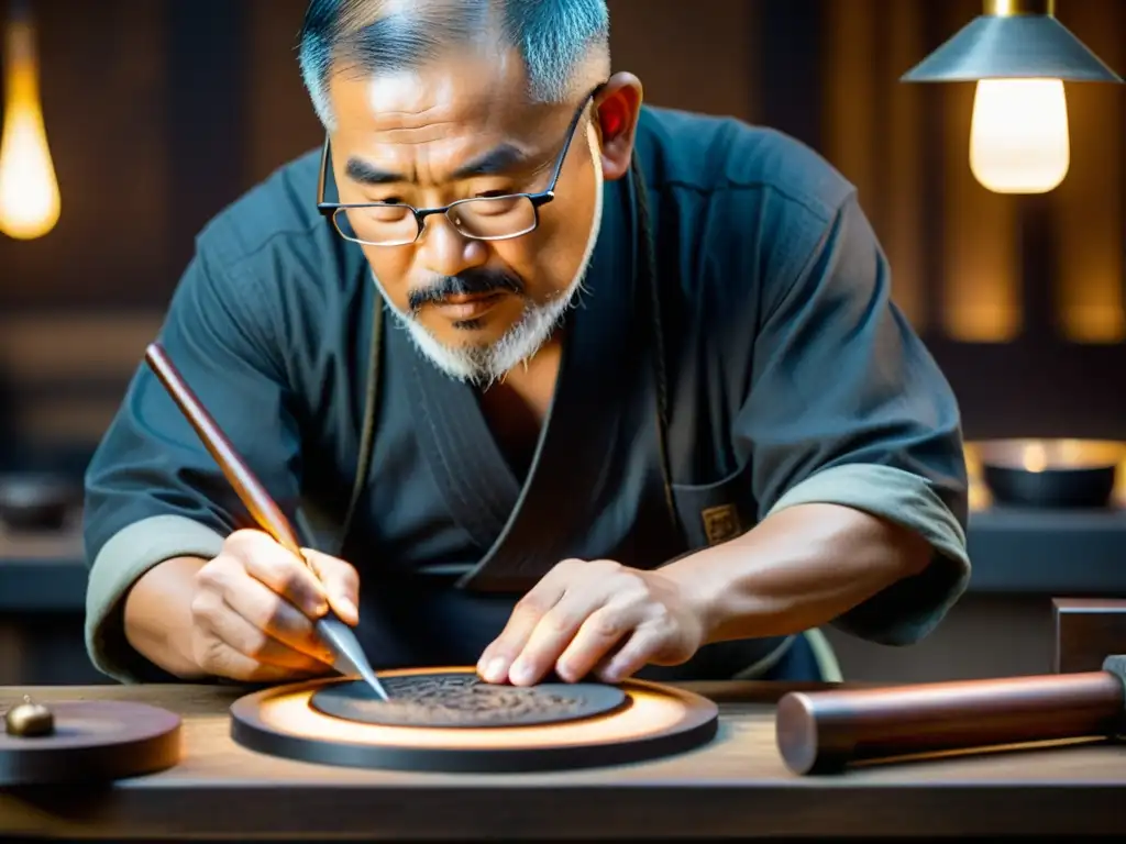 Un maestro artesano graba con cuidado un Tsuba tradicional, rodeado de una atmósfera auténtica y cautivadora