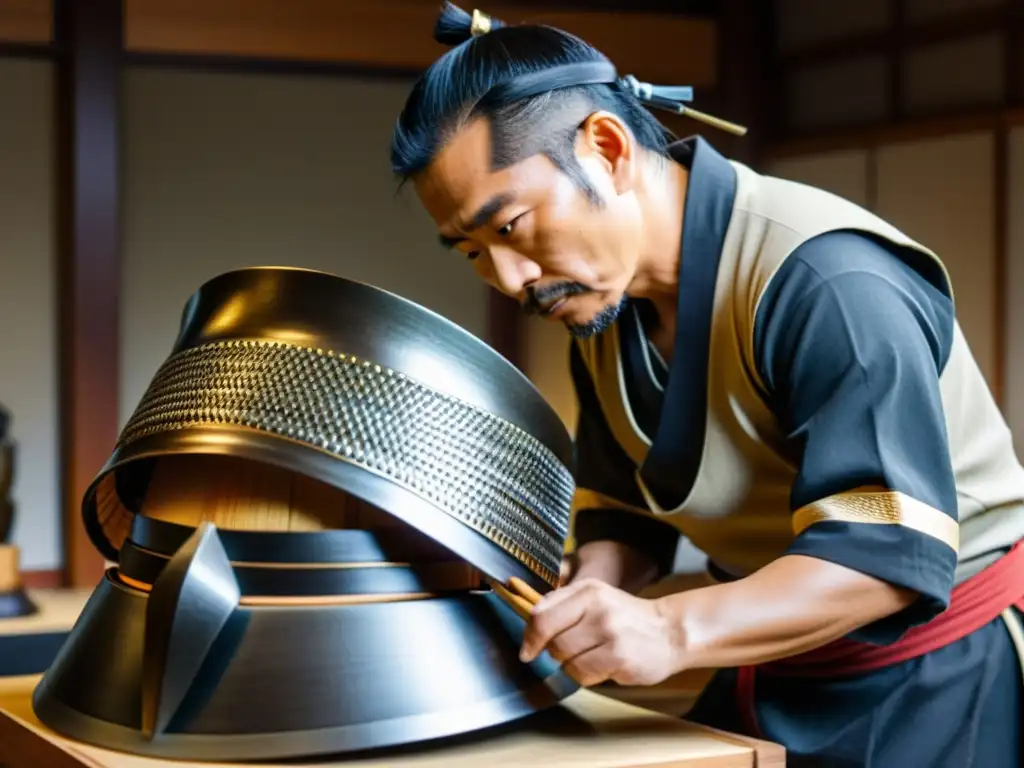 Un maestro artesano restaura con esmero una pieza de armadura samurái, resaltando los detalles y la atmósfera de reverencia por el arte contemporáneo