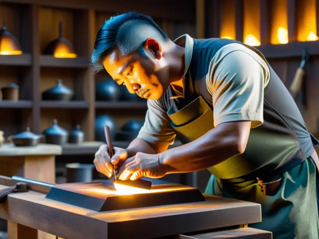 Un maestro artesano de katchū da forma y pule una armadura con técnicas tradicionales