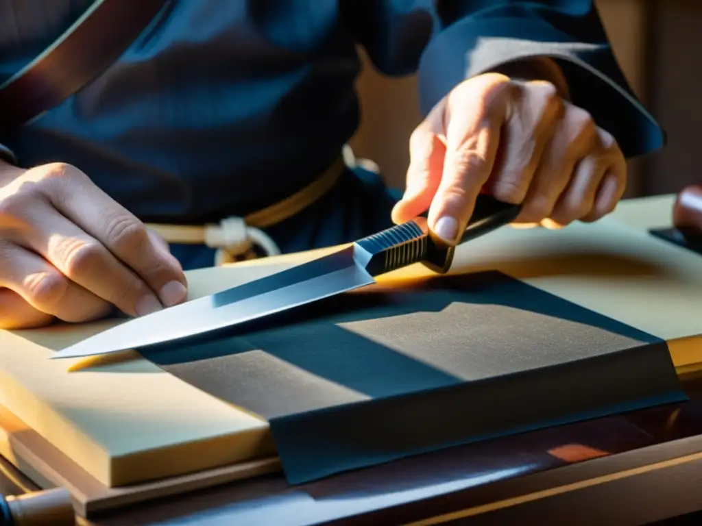 Un maestro artesano cuidadosamente afila la hoja de una réplica de Wakizashi, con luz solar resaltando el patrón hamon y el trabajo del mango