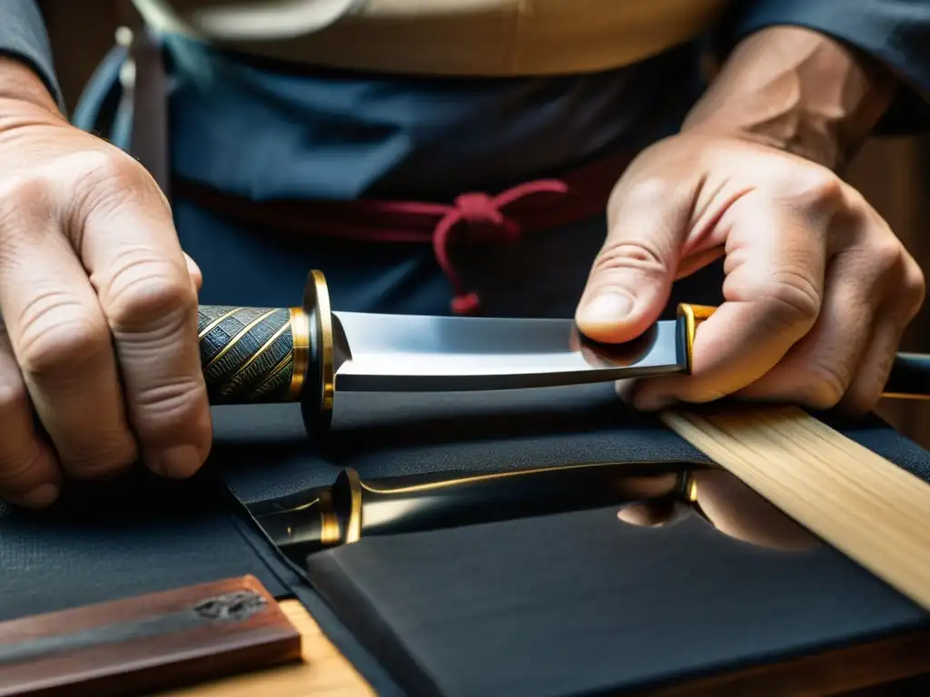 Un maestro artesano japonés restaura con dedicación un antiguo sable samurái, preservando el arte y manuscritos samurái