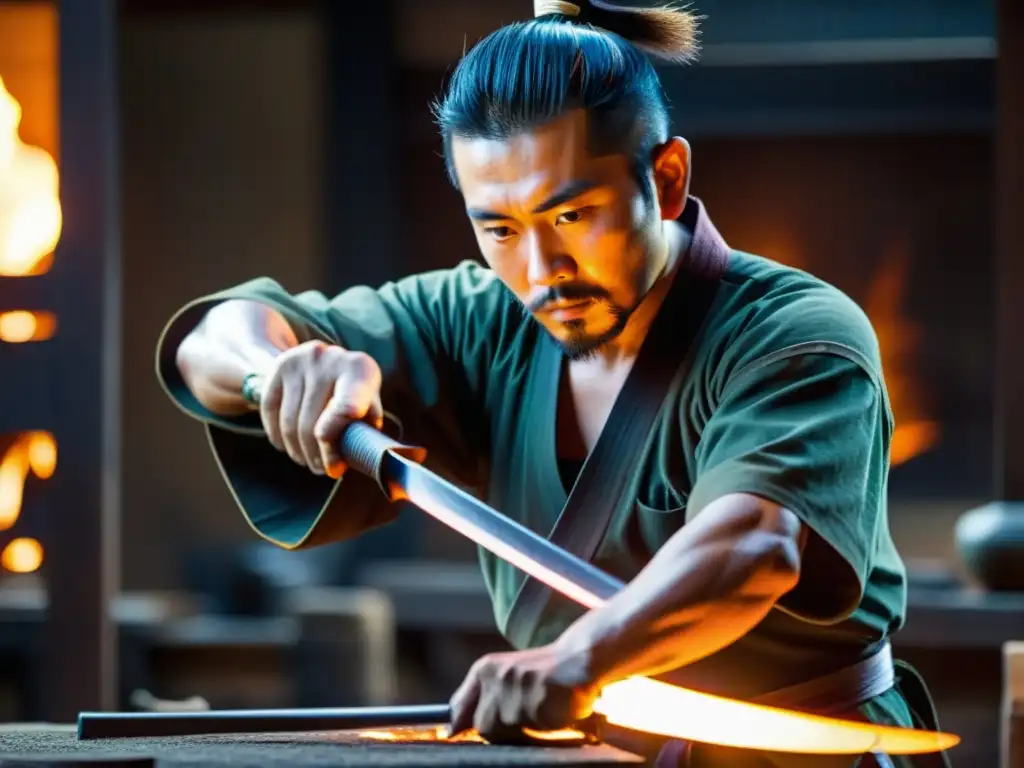 Un maestro artesano japonés forja con precisión una espada samurái, con metal fundido brillando en su taller