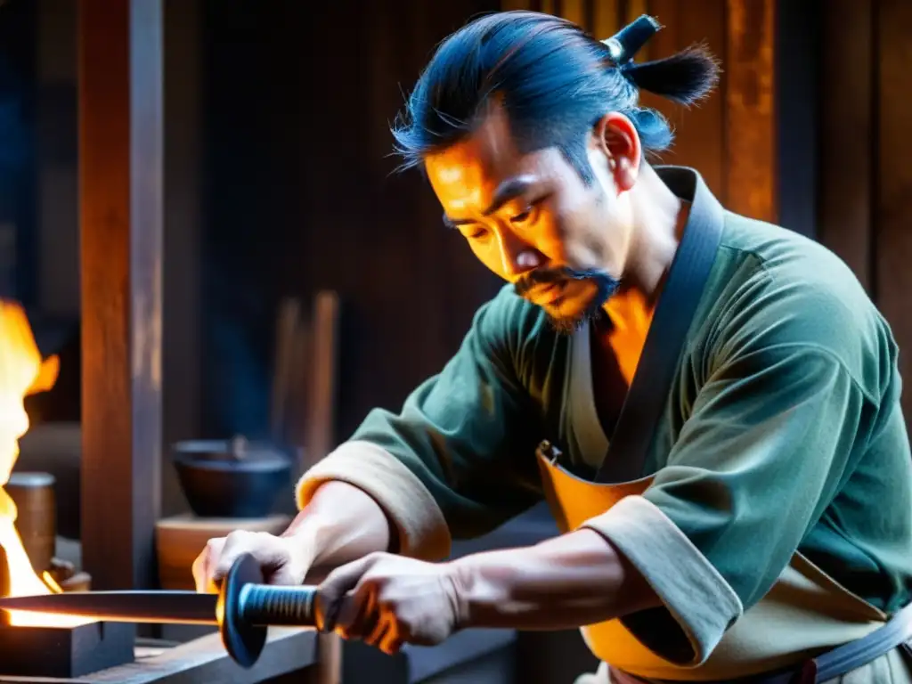 Un maestro artesano japonés forjando con precisión un wakizashi, rodeado de herramientas en un taller oscuro, con un enfoque intenso