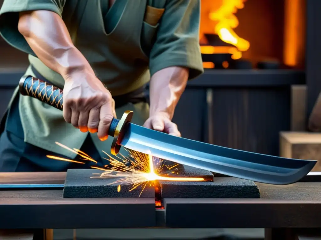 Un maestro artesano japonés forja con precisión un sable Wakizashi, con chispas y el calor del horno iluminando su expresión concentrada