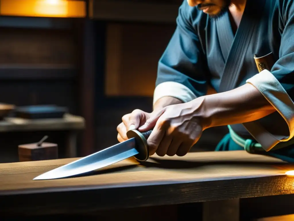 Un maestro artesano japonés forja con precisión un Wakizashi en su taller, lleno de tradición y destreza