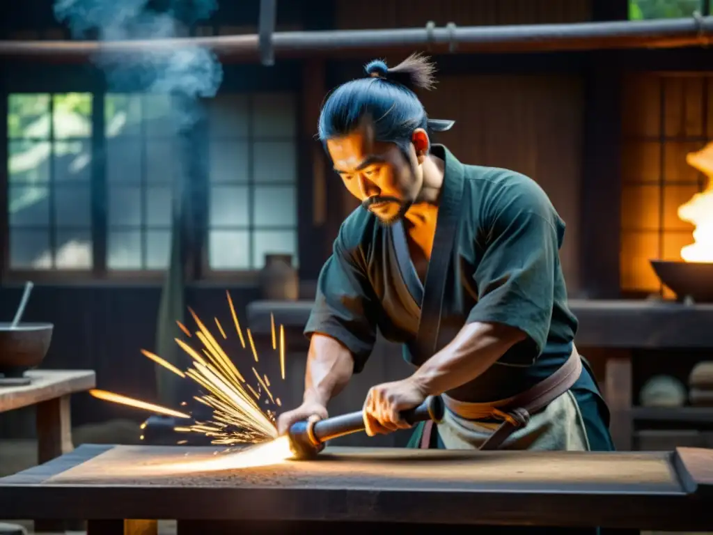 Un maestro artesano forja una katana con técnicas de forja de espadas samurái en un taller rústico, entre vapor y luz tenue