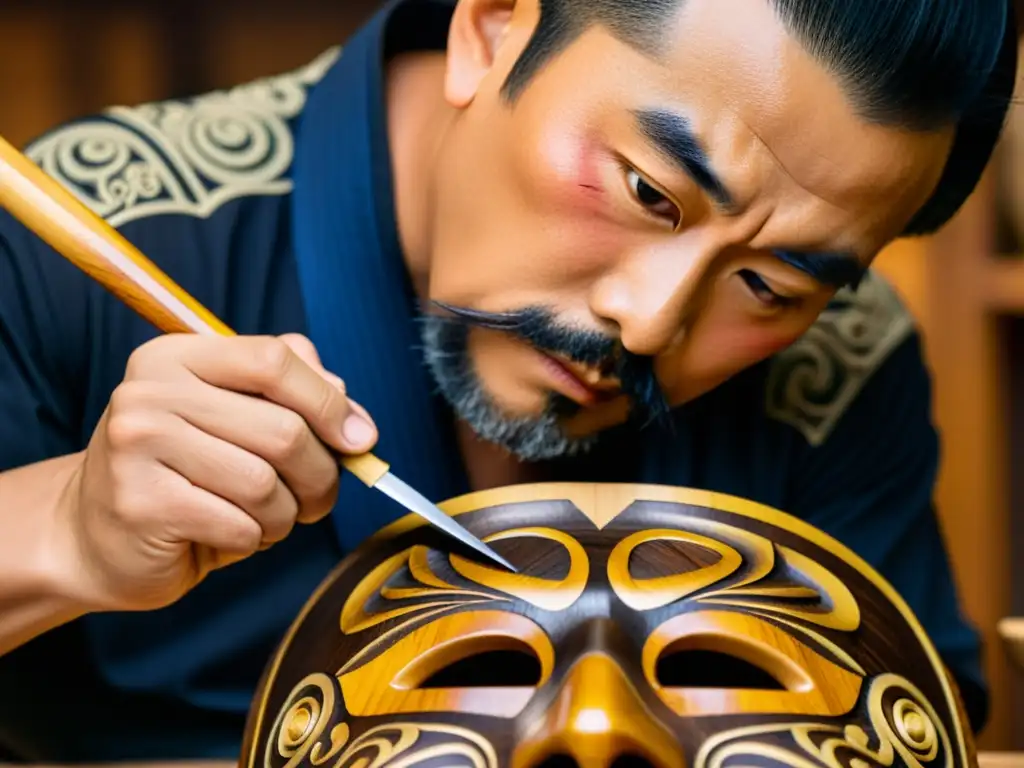 Maestro artesano tallando detalladamente una máscara samurái en un ambiente cálido, destacando la fabricación máscaras samurái artesanal