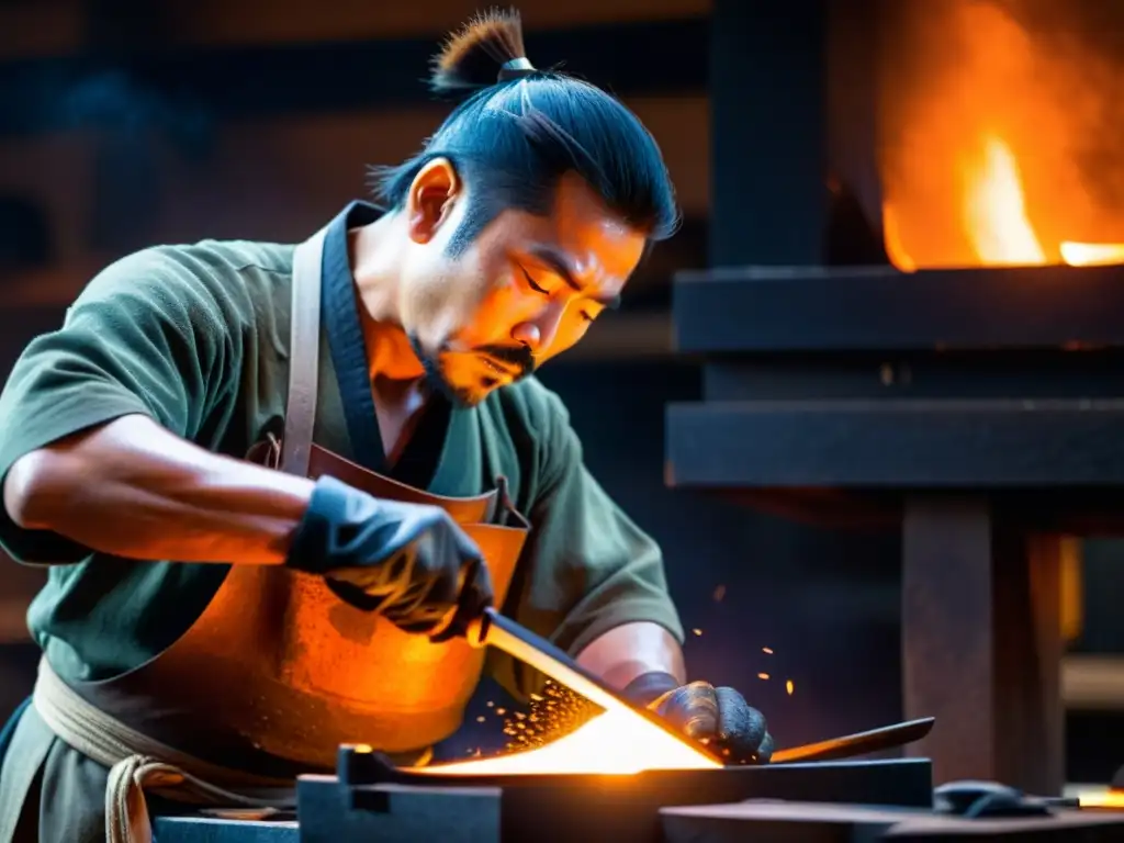 Un maestro artesano forja una pieza de armadura yoroi samurái con antiguas técnicas de fabricación en un taller ahumado y tenue