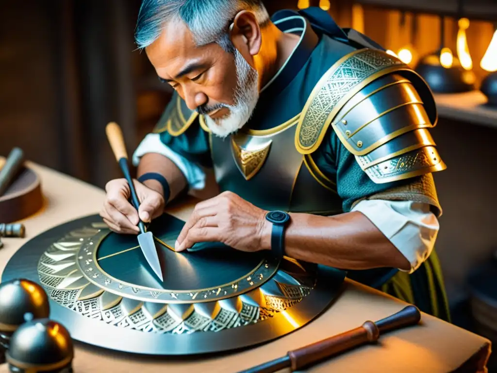 Maestro artesano creando con precisión el Armor DoMaru Sengoku, destacando la evolución de esta icónica armadura japonesa