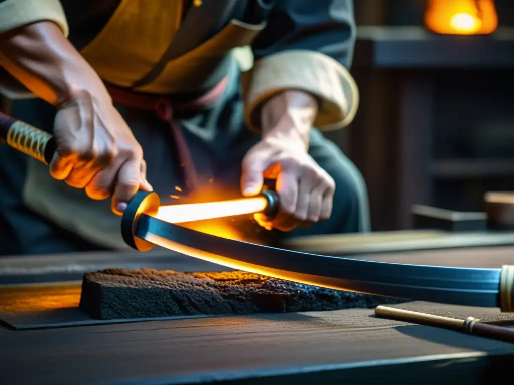 Un maestro artesano forja con precisión una katana japonesa en un taller oscuro, mostrando la fusión de tecnología y tradición de la katana