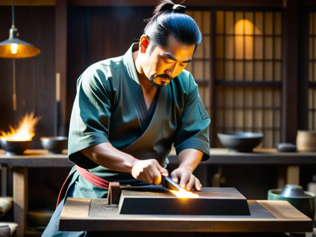 Un maestro artesano forja con precisión una pieza de armadura samurái en un taller japonés tradicional, evocando autenticidad histórica y artesanía