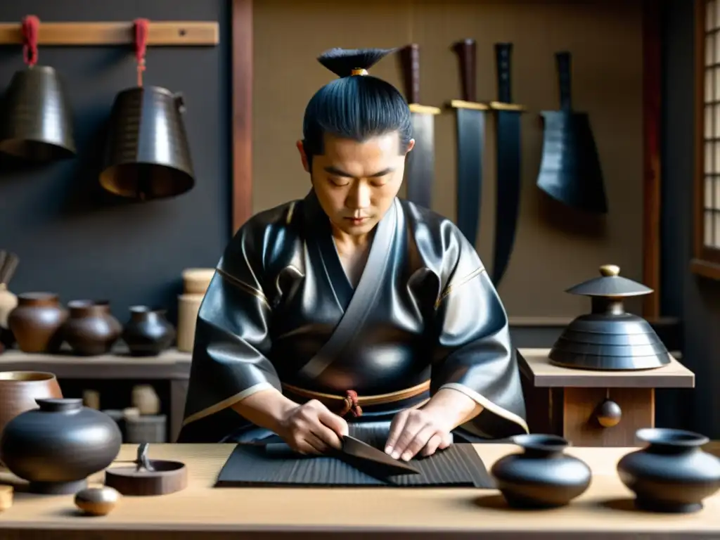 Un maestro artesano talla con precisión réplicas de Yoroi Samurái en su taller, inmerso en la rica historia de estas armaduras icónicas