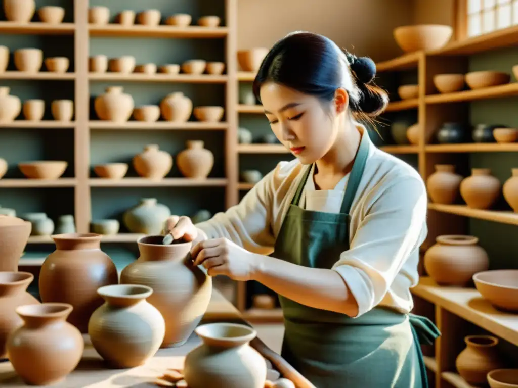 Un maestro artesano en un taller de cerámica coreana, creando piezas delicadas con técnicas ancestrales