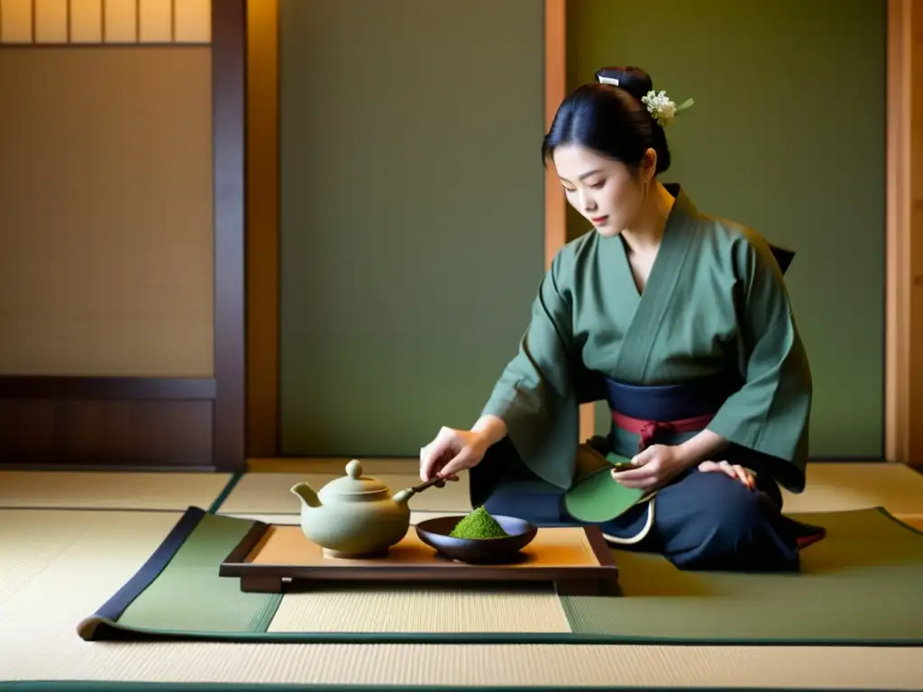 El maestro del Bushido prepara con precisión el té matcha en una serena habitación japonesa