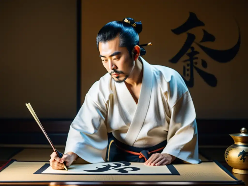 Un maestro de caligrafía samurái arte contemporáneo, vistiendo un kimono blanco, pintando caracteres con precisión en papel washi