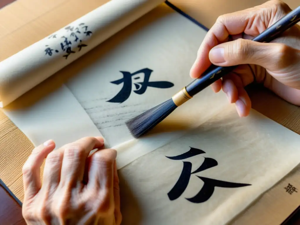 Un maestro de caligrafía samurái escribe con elegancia el kanji 'bushido' en una hoja de papel de arroz