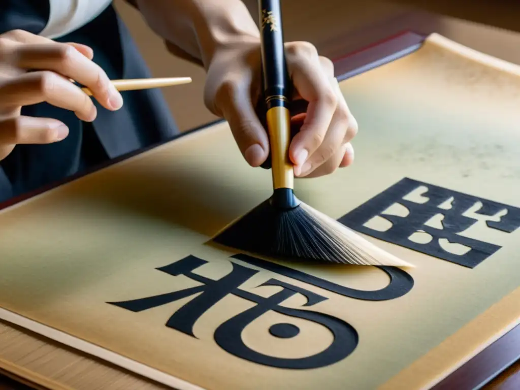 Un maestro de caligrafía samurái pinta kanji con gracia en papel de arroz, capturando la esencia del arte contemporáneo