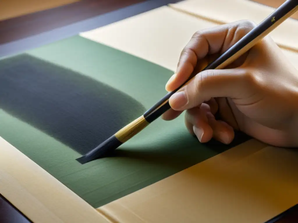 Un maestro de caligrafía japonés, concentrado, aplica tinta con precisión en papel washi, capturando la importancia de la caligrafía en Bushido