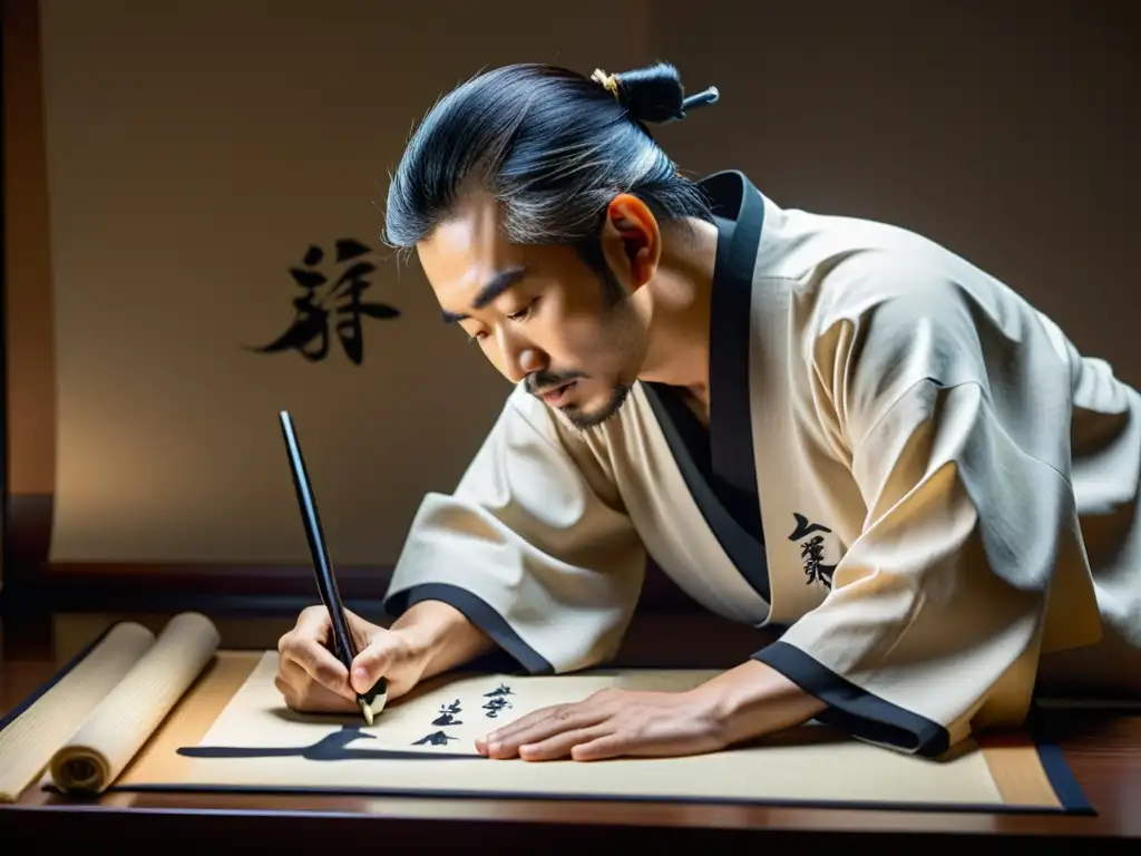 Un maestro de caligrafía japonés tradicional escribe con cuidado caracteres épicos de samurái en un pergamino