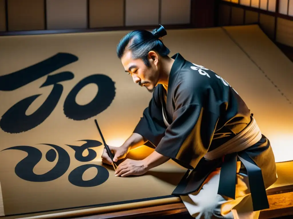 Un maestro de caligrafía japonesa crea con elegancia un proverbio samurái en un cuadro, rodeado de scrolls antiguos