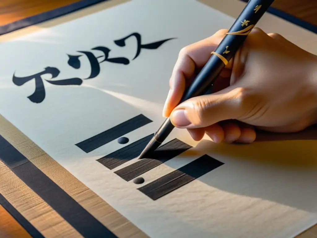 Un maestro de caligrafía japonesa escribe con elegancia en papel de arroz, destacando la importancia del Shodo en la cultura samurái