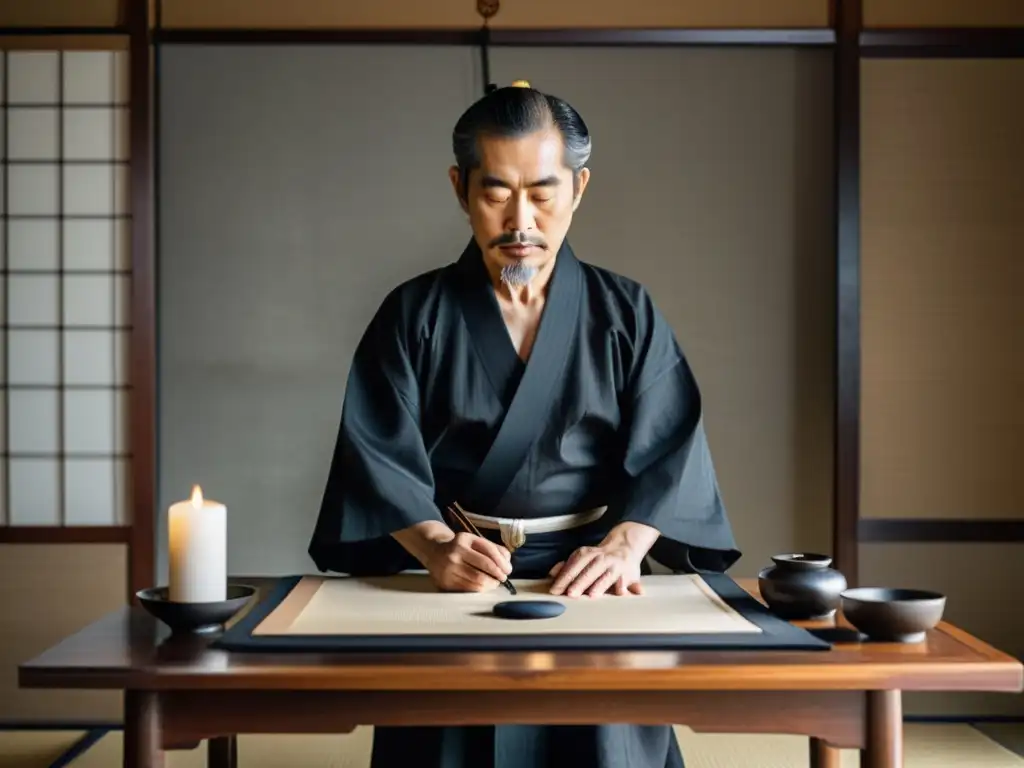 Maestro de caligrafía japonesa en un estudio sereno, creando caracteres elegantes en papel