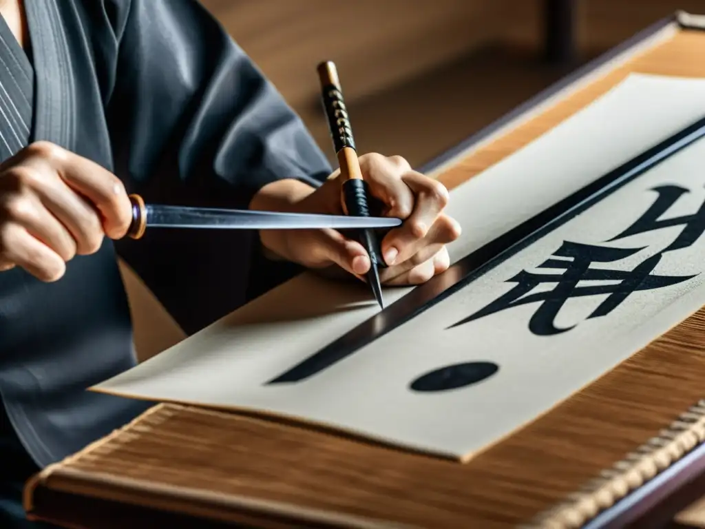 Maestro de caligrafía japonesa sostiene katana mientras escribe kanji con gracia, fusionando disciplina marcial y delicadeza artística