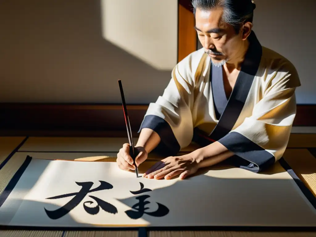 Un maestro de caligrafía japonesa viste un kimono tradicional, concentrado en su arte, en un estudio sereno