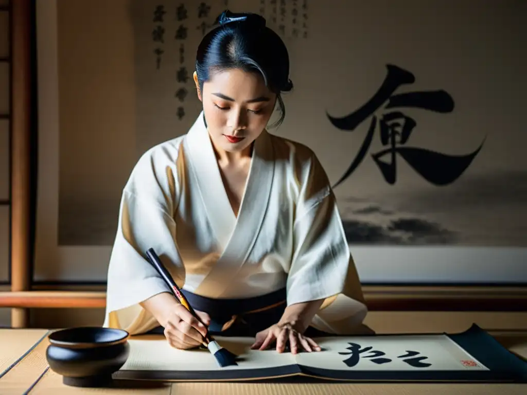 Un maestro de caligrafía japonesa pinta con precisión sobre un pergamino de papel de arroz, vistiendo un kimono blanco