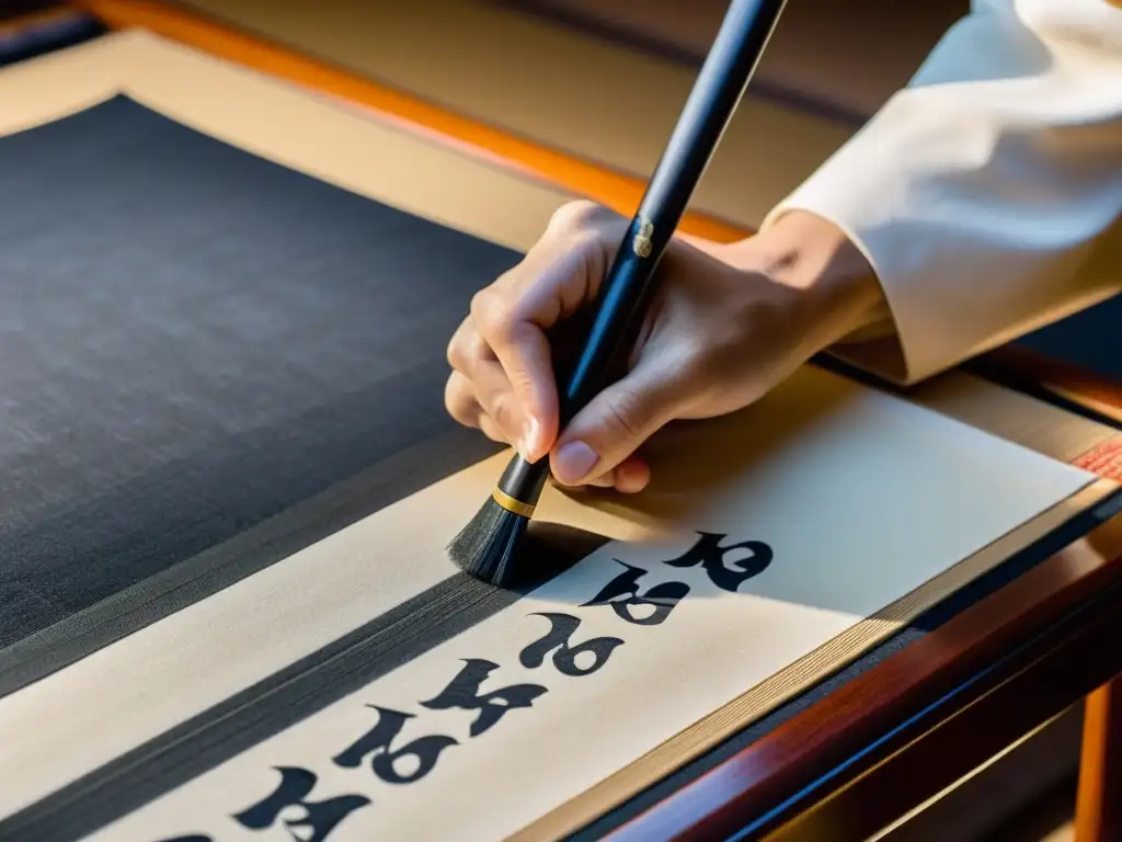 Un maestro de caligrafía japonesa y filosofía samurái escribe con concentración en un pergamino de papel washi, expresando disciplina y arte