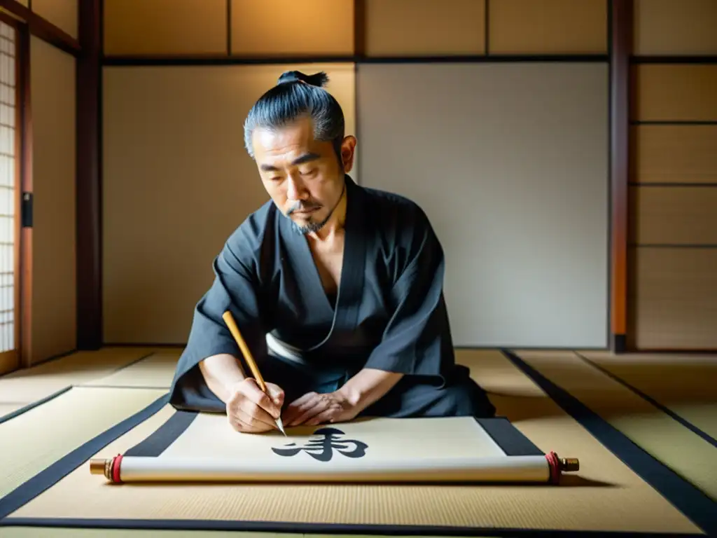 Un maestro de caligrafía japonesa samurái en su sereno tatami, iluminado por luz natural, creando arte con un pincel delicado y concentración