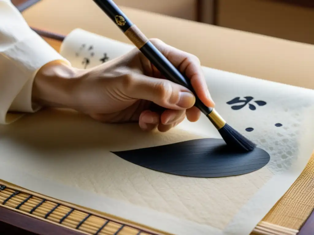 Un maestro de la caligrafía samurái prepara con concentración y maestría para escribir en papel de arroz con un pincel japonés cargado de tinta