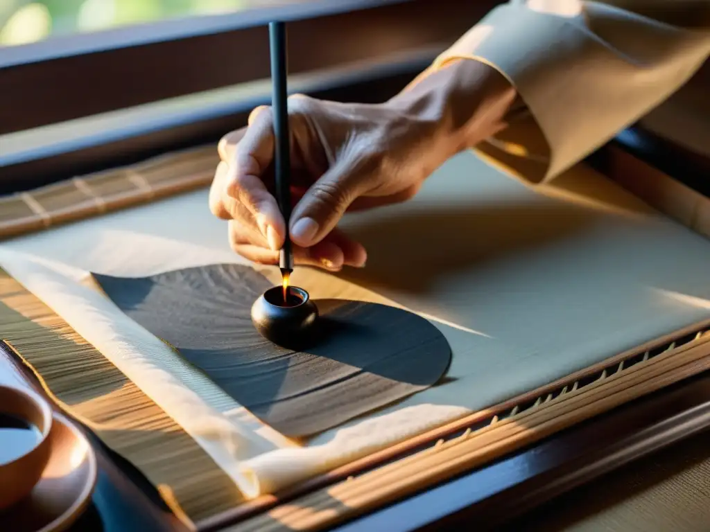 Un maestro de caligrafía samurái sumerge su pincel en un tintero de cerámica, iluminado por una lámpara de papel