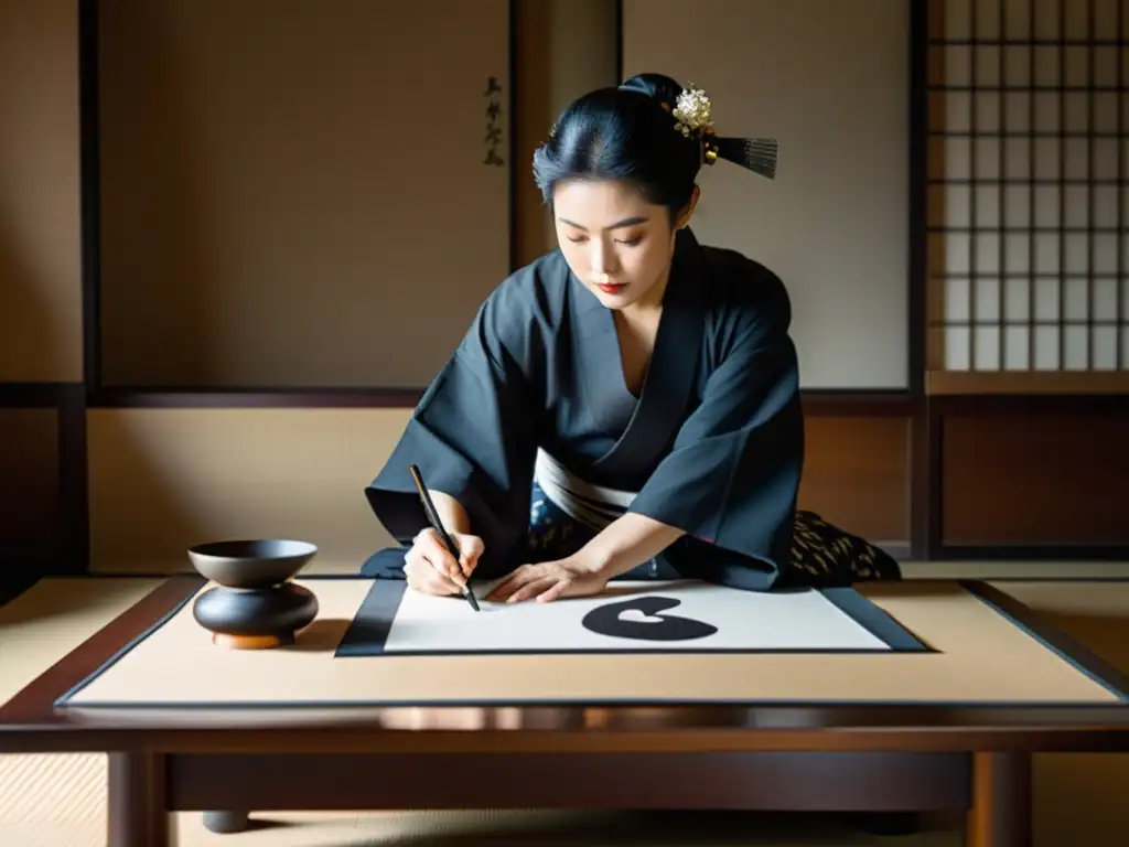 Un maestro de caligrafía samurái, vistiendo un kimono, concentradamente traza elegantes caracteres con un pincel