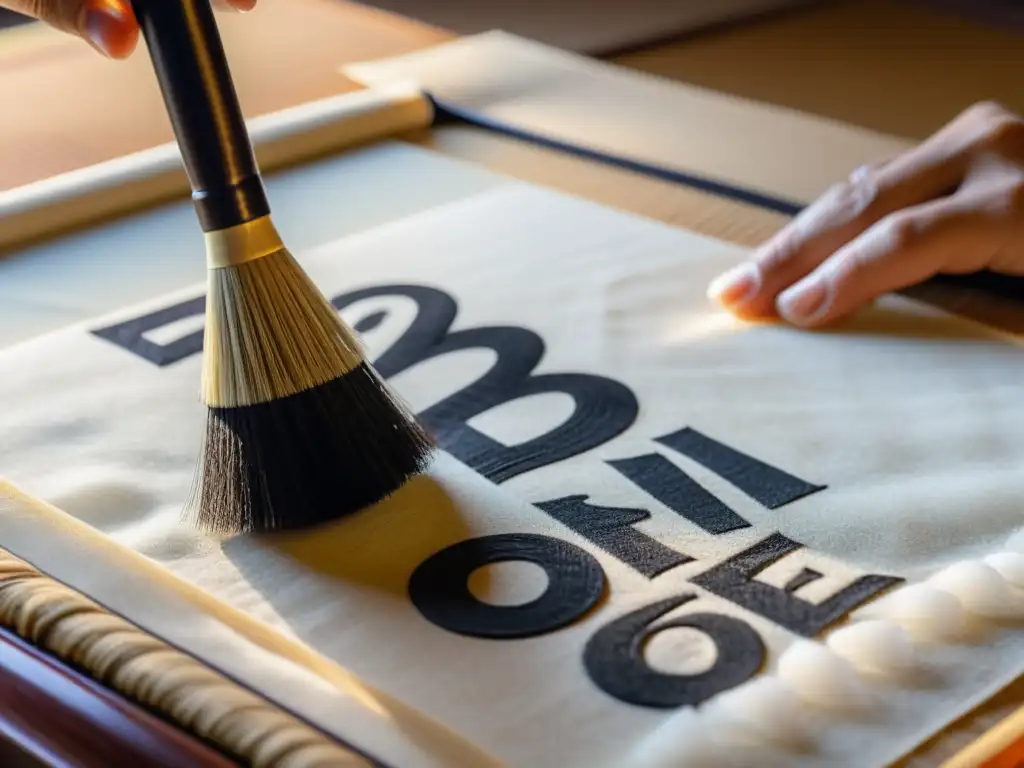 Un maestro calígrafo japonés realiza trazos meticulosos con un pincel sobre papel de arroz, mostrando la importancia de la caligrafía en Bushido