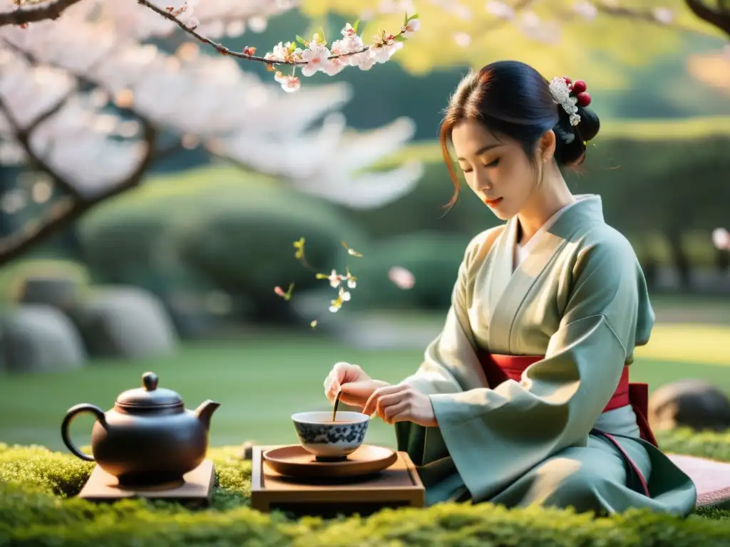 Maestro de ceremonia del té en jardín japonés, evocando la filosofía samurái en el mundo