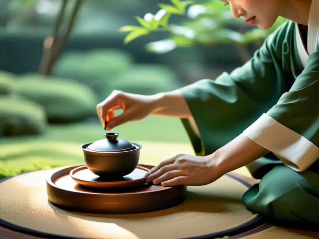 El maestro del té realiza una ceremonia en un jardín sereno, capturando la estética efímera y la filosofía samurái