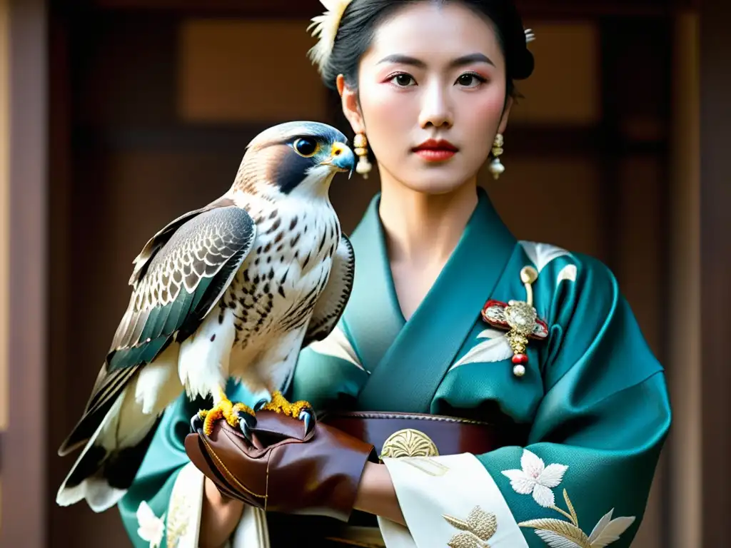 Un maestro cetrero japonés con kimono y halcón en un jardín de cerezos