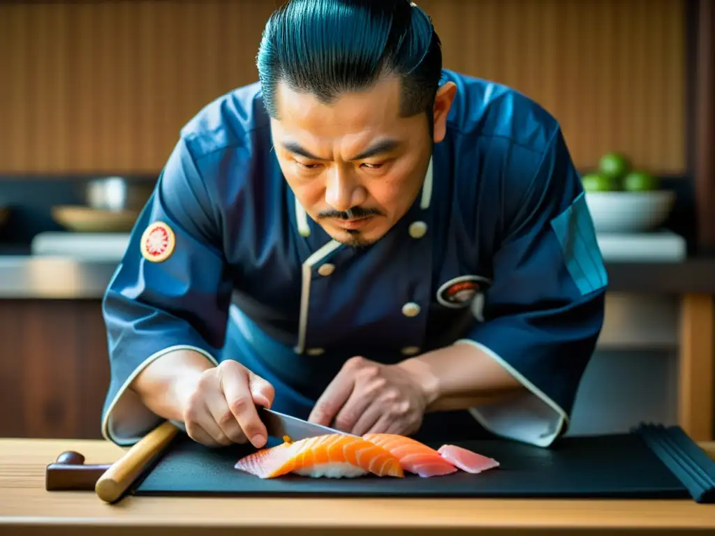 Un maestro chef samurái en atuendo tradicional corta meticulosamente sashimi con una katana afilada, destacando la cocina samurái en casa